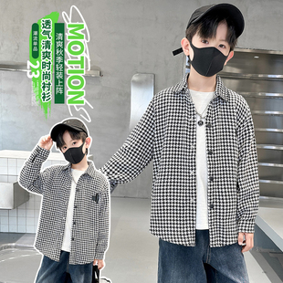 韩版千鸟格长袖衬衫男童翻领休闲外套中大童潮流小格纹夹克上衣