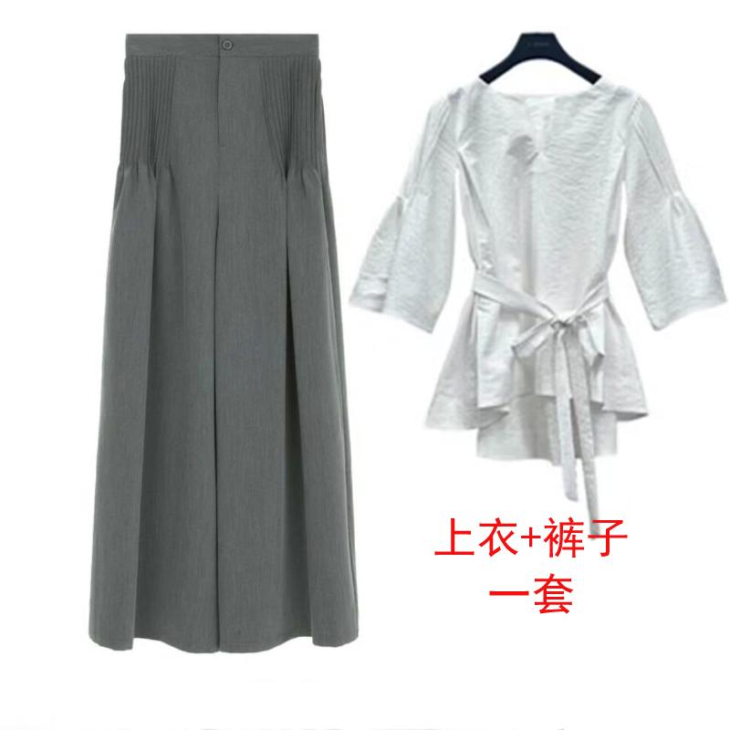 女休闲遮肉阔腿裤不规则衬衫套装
