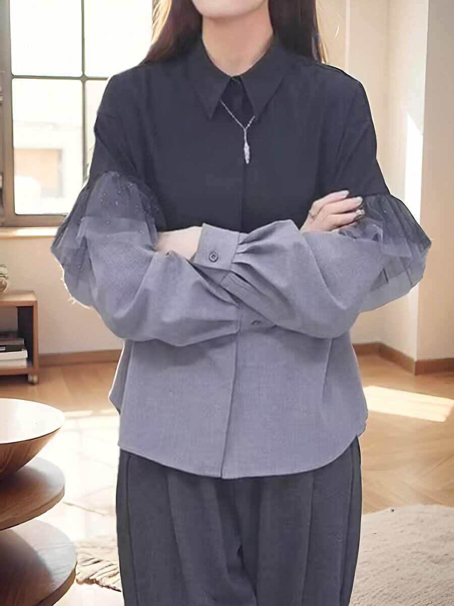 2026春夏新款女装西格圣迪奥百搭休闲长袖衬衫网纱拼接女式上衣