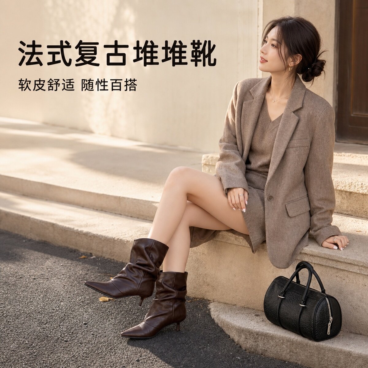 美丹王2026秋冬新款真皮法式复古风尖头短靴女冬季棕色低跟时装靴
