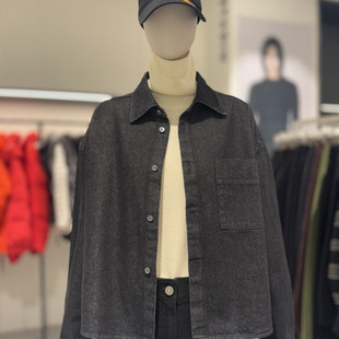 Tomboy单口袋长袖衬衫女纯棉宽松不对称下摆设计黑色休闲通勤上衣