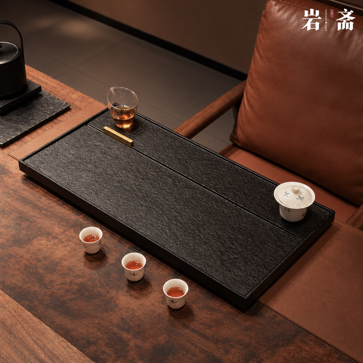 火烧天然整块乌金石茶盘简约现代中式家用茶台嵌入式石头排水茶海