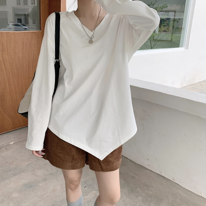 Real shot real price Korean irregular V-Neck long sleeve T-shirt with loose casual underlay