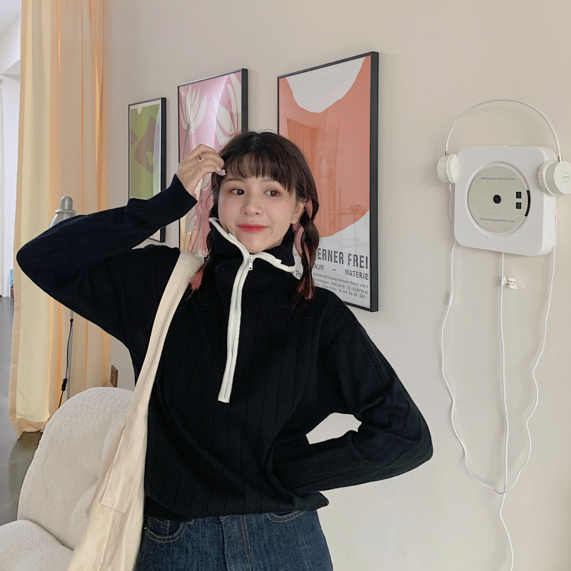 Real price V-neck high neck ~ Black high neck sweater women's loose Korean casual long sleeve sweater