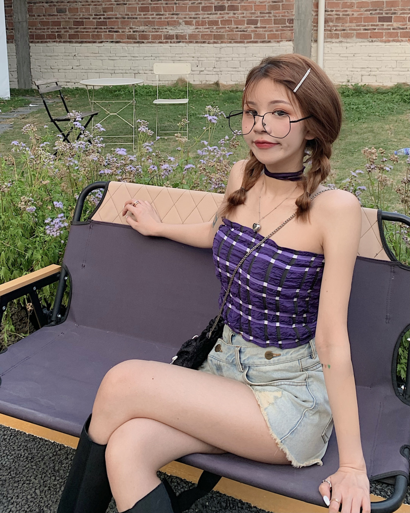 Real price binding design chest Wrap Top Plaid fold back Drawstring