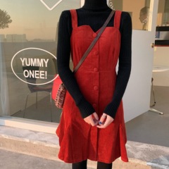 Real price Chinese New Year red retro sweet corduroy strap skirt with high waist and thin appearance + high collar knitting backing