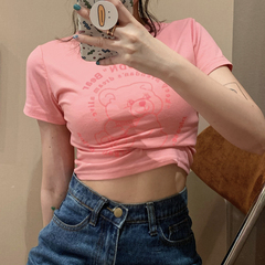 Real price round neck open navel short sleeve t-shirt female cartoon bear print slim short top