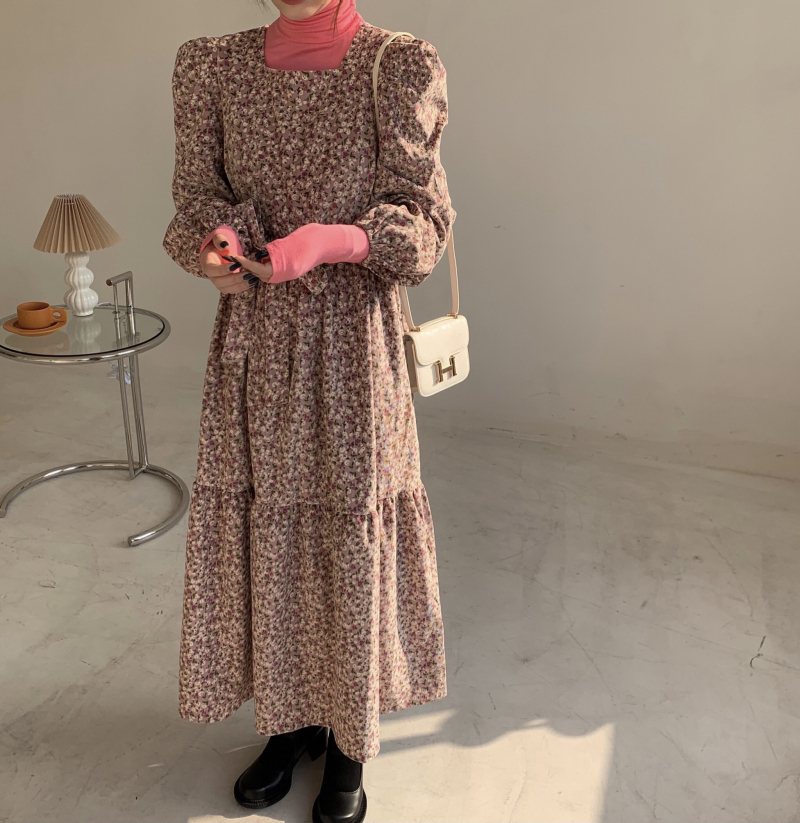 Real price square neck bubble sleeve Korean retro loose and versatile floral long dress