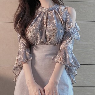碎花衬衫女雪纺复古港味新款2026年夏季露肩上衣女气质荷叶边衬衣