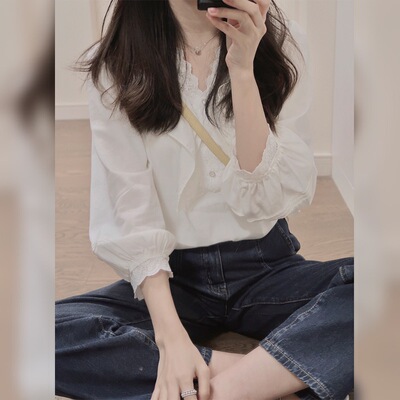 法式白色蕾丝荷叶边V领衬衫女衬衣春夏季高级设计感别致小衫上衣