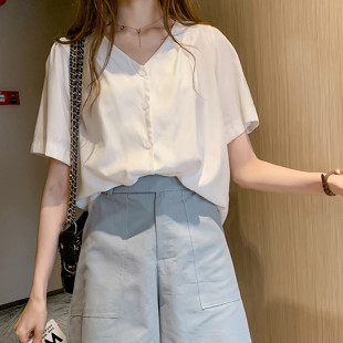 加肥加大码春夏新款短袖t恤微胖妹妹宽松上衣女雪纺显瘦V领打底衫