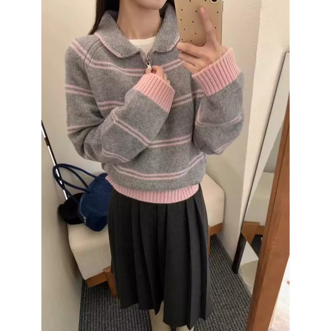 韩系休闲学院风撞色条纹翻领毛衣2025冬百搭减龄设计感宽松针织衫