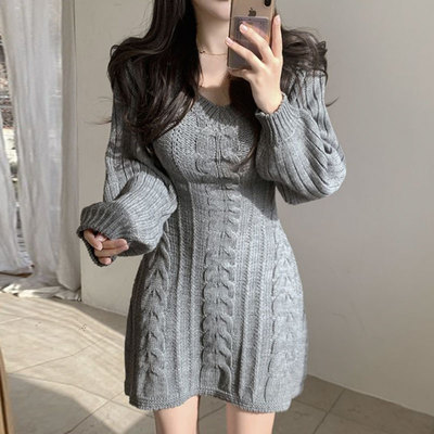 韩国chic春秋复古气质V领麻花纹修身显瘦针织衫毛衣连衣裙短裙女