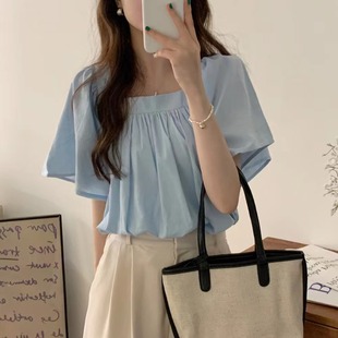 宽松百搭娃娃衫 法式 小个子方领松紧褶皱喇叭袖 温柔蓝色衬衫 女夏季
