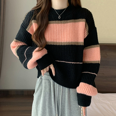 拼色圆领条纹毛衣慵懒风外穿
