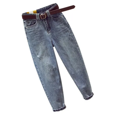 女老爹高腰哈伦牛仔裤新款百搭显瘦萝卜宽松2021韩版裤子潮破洞夏