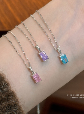 s925纯银小方糖项链女香水瓶吊坠多彩锆石锁骨链小众轻奢百搭