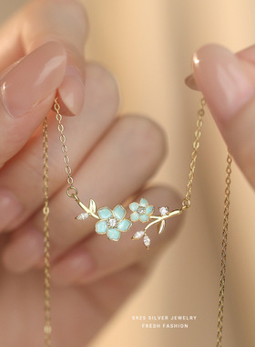 S925纯银镀金森系滴胶金枝繁花项链女小众设计清新花朵锁骨o字链