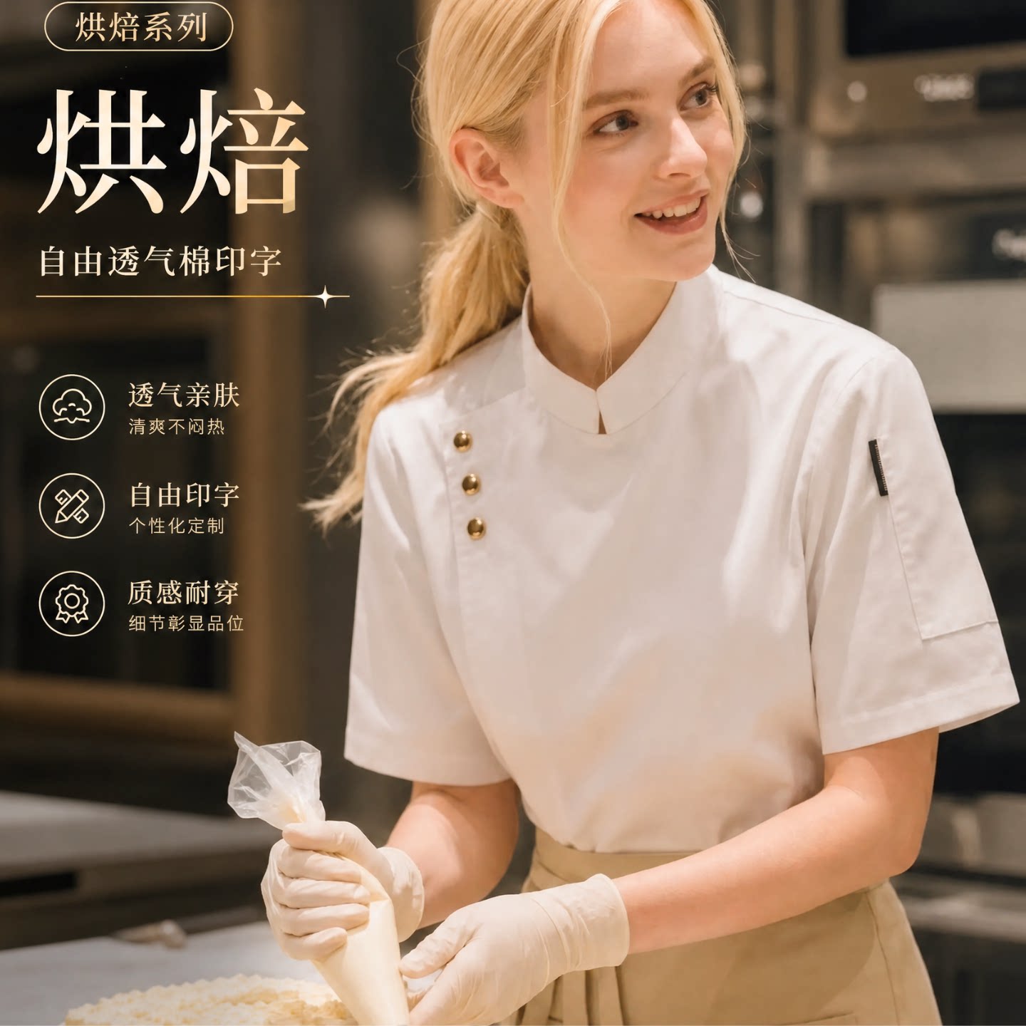 纯棉新款厨师短袖工作服女款白色