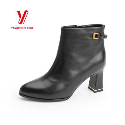 意尔康短靴女2025秋冬季新款真皮粗跟尖头舒适百搭靴5651AH12873Y