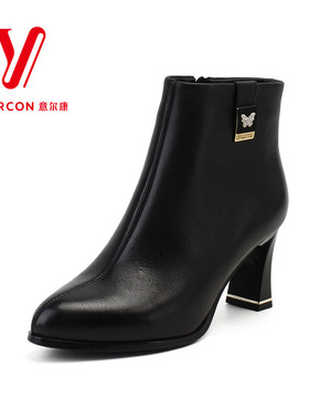 意尔康女靴冬季2023新款小香风短靴高级感粗跟高跟真皮加绒10896