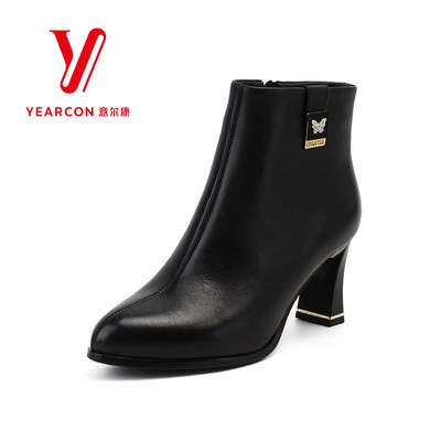 意尔康短靴粗跟高跟加绒真皮正品