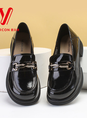 意尔康乐福鞋2023春季新款爆款日系小皮鞋漆皮粗跟英伦风潮18342