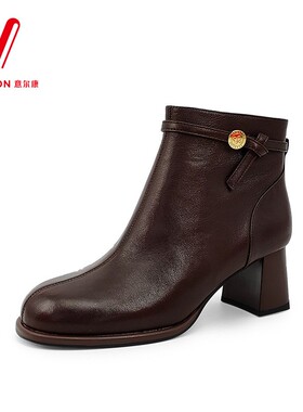 意尔康女鞋2025秋季新款真皮粗跟百搭侧拉链时装靴女5651AH12910Y