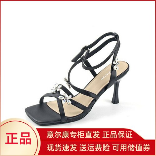 意尔康女鞋2025夏季新款一字带水钻露趾细跟高跟凉鞋5352GL30091U