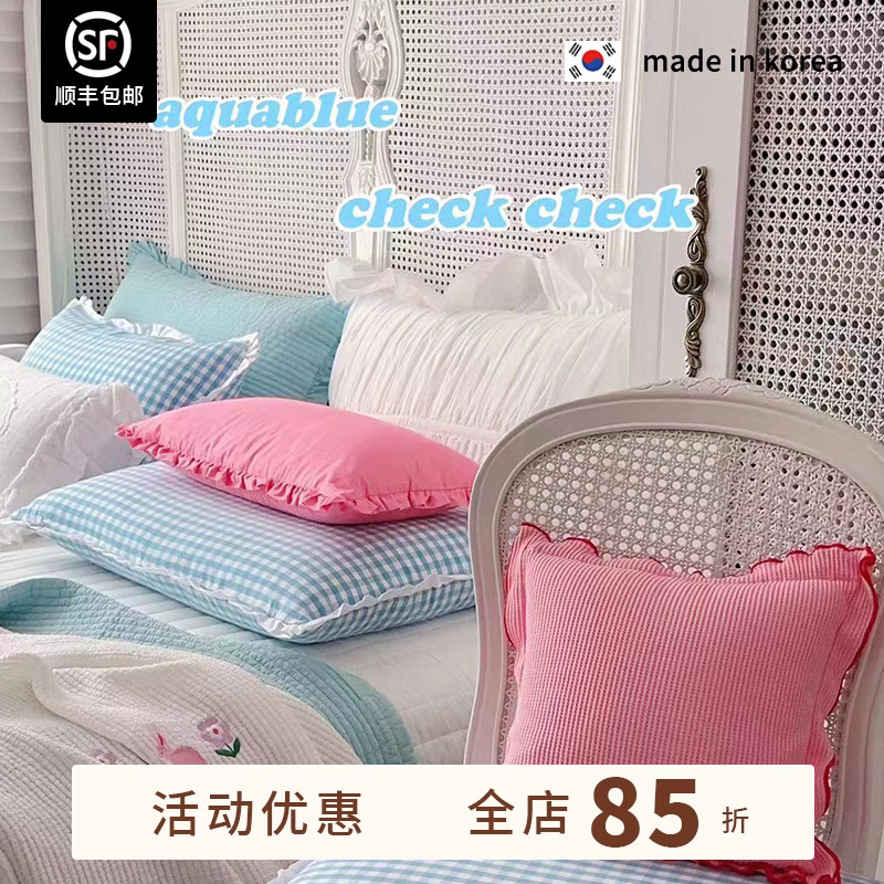 现货▲格子控bi收款~ 蓝色格纹枕套 ASAROOM韩国纯棉枕套 抱枕套~