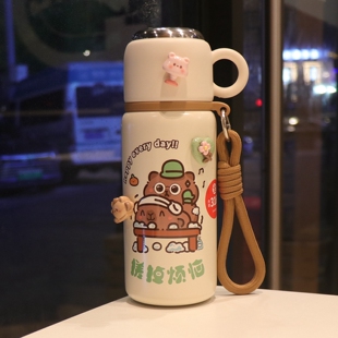 卡通保温杯 女生可爱不锈钢水杯子学生双饮吸管杯 便携式水壶带盖