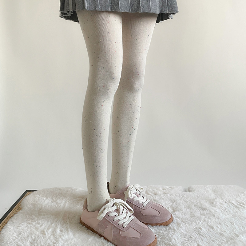 韩国袜秋冬日系复古奶白色棉质精梳棉松弛感温柔彩色点点连裤袜女