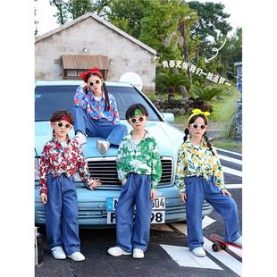 儿童港风演出服啦啦队服复古怀旧花衬衫衣服小学生运动会入场服装