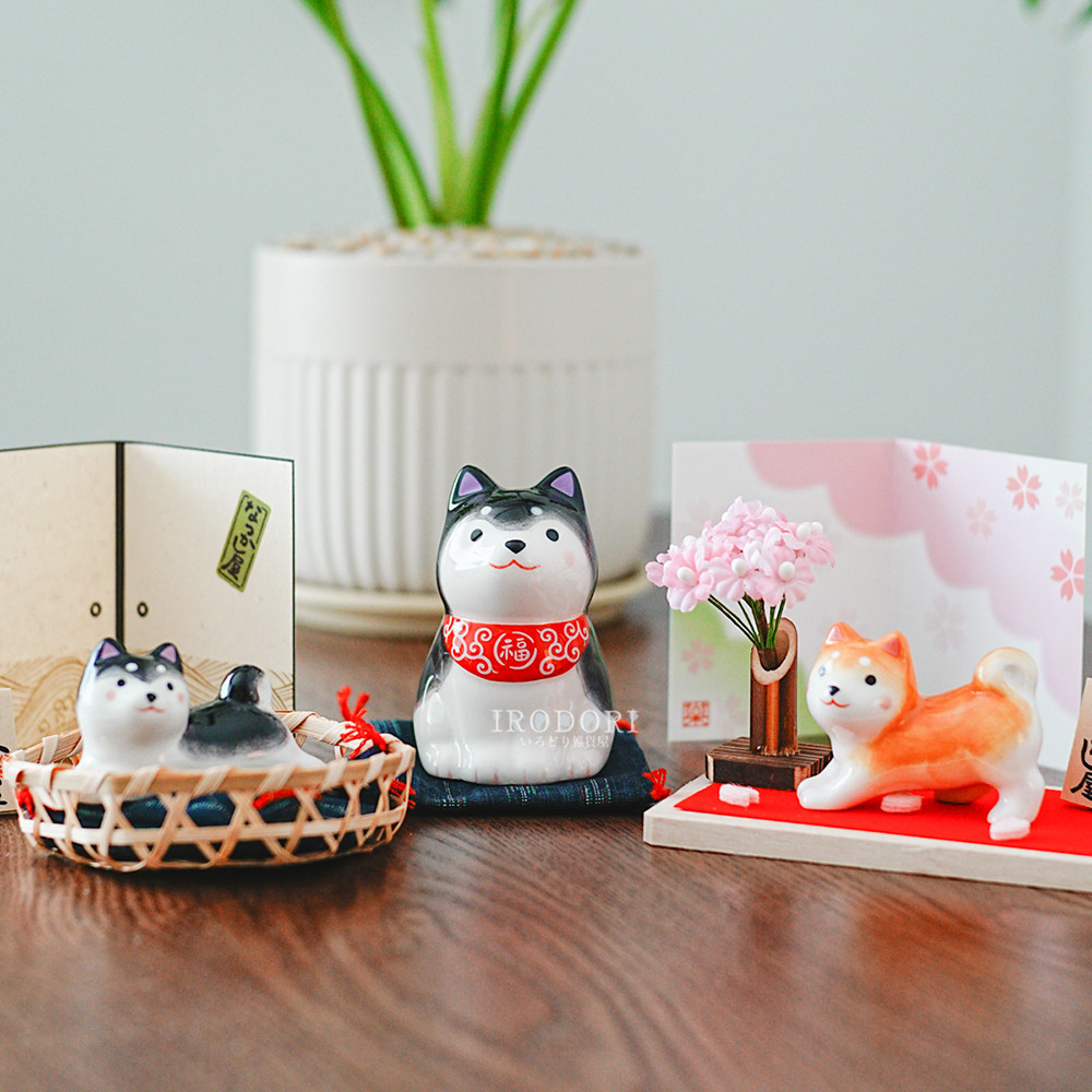 日本药师窑濑户烧 超萌柴犬 豆柴招福和风桌面摆件 结婚生日送礼