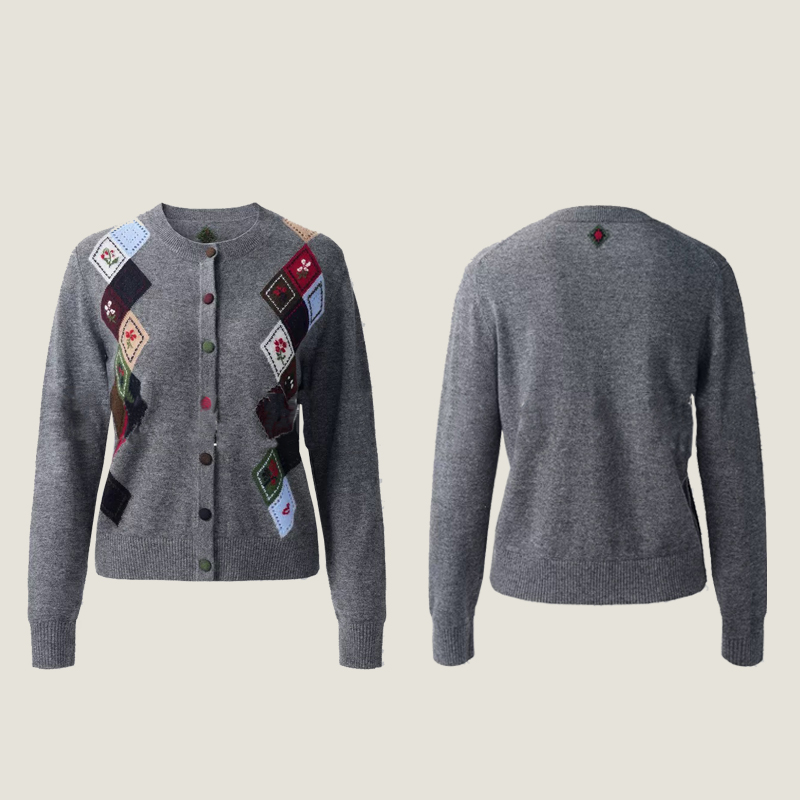 100纯山羊绒开衫~复古撞色菱格圆领女秋冬时尚显瘦针织毛衣外套