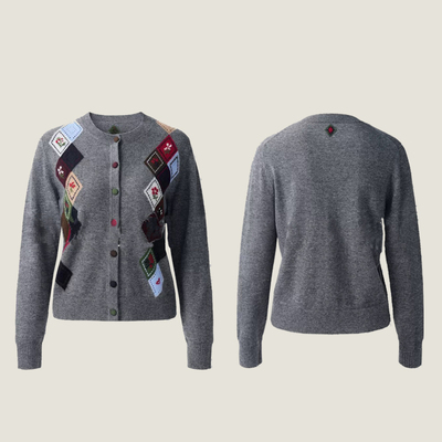 100纯山羊绒开衫~复古撞色菱格圆领女秋冬时尚显瘦针织毛衣外套