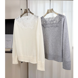 设计师款！蕾丝拼接针织衫女羊绒羊毛一字领优雅气质长袖套头毛衣