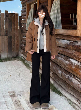 QGL黑色微喇牛仔裤女秋冬加绒裤子2025新款修身显瘦不贴腿喇叭裤