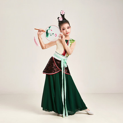 儿童古典汉唐舞蹈服心扇绿罗裙佳茗行折扇中国舞练功服艺考飘逸女