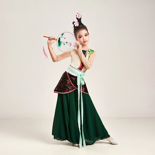 儿童古典汉唐舞蹈服心扇绿罗裙子