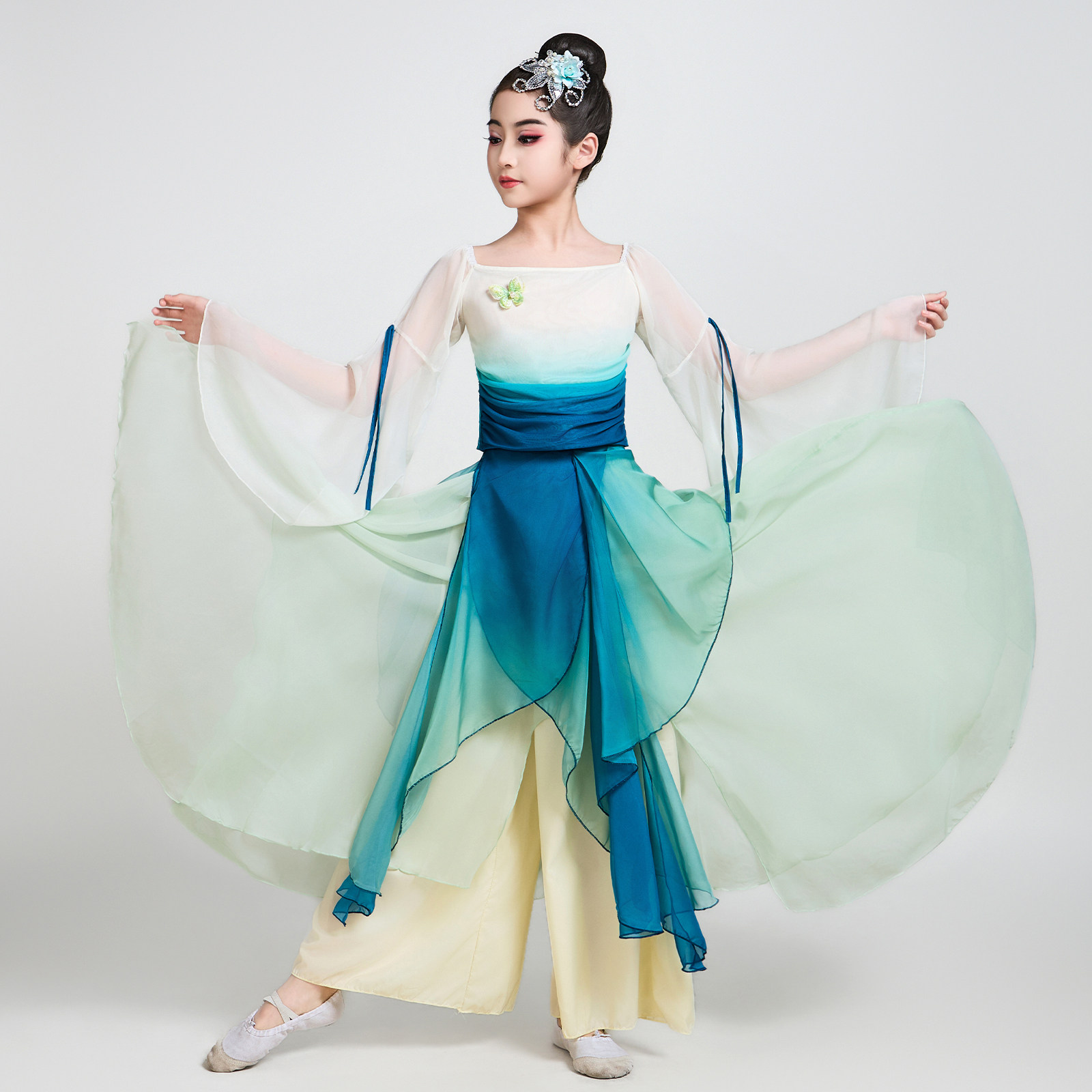 古典舞蹈演出服儿童女青绿色渐变飘逸纱衣身韵练功服中国风表演服