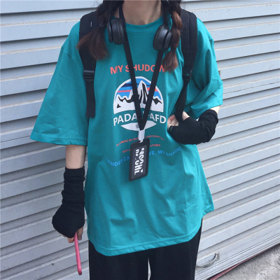 4024-P30 新款潮牌五分袖韩国ins复古山脉印花短袖T恤男女