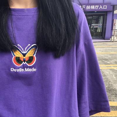 4360-P30 2020夏天新款日系彩色蝴蝶刺绣宽松原宿短袖T恤男女潮流