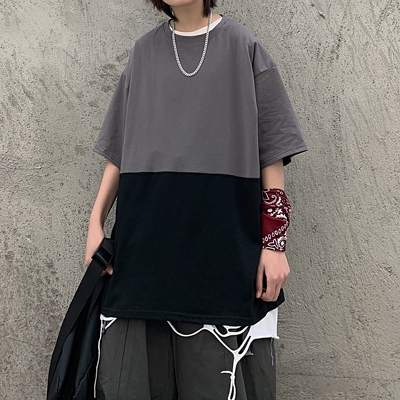 3130-P30 2020夏天韩国ins复古拼色宽松圆领男女短袖T恤