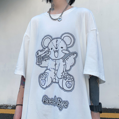 4010-P32  夏天ins原宿风天使小熊印花百搭宽松短袖T恤男女潮
