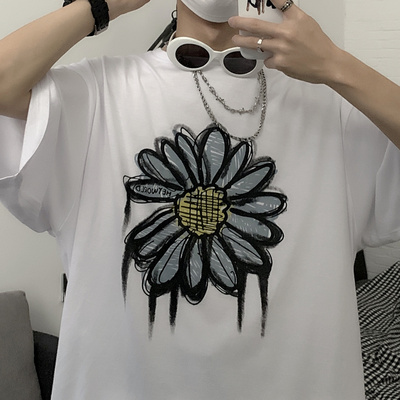 3963-P30 原宿BF风雏菊菊花手绘涂鸦印花上衣宽松T恤男女短袖