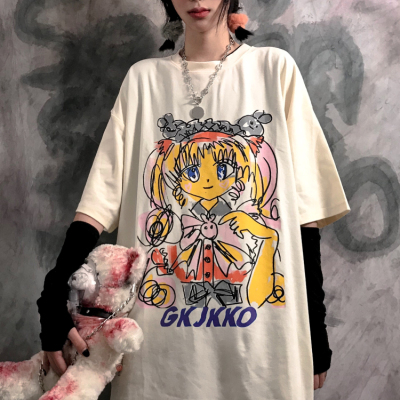 A2507-P32 新款原宿风怪味手绘美少女宽松短袖T恤学生上衣男女