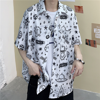 4284-P35 2020新款韩国ins夏天潮流复古太空印花百搭宽松男女衬衫