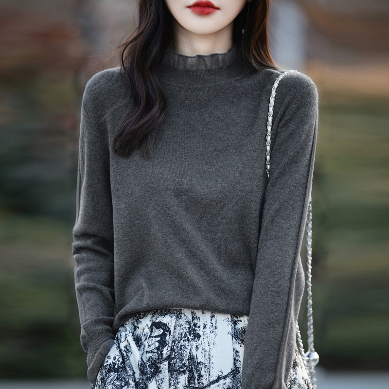 鄂尔多斯市薄款羊毛衫女2026春季新款长袖针织衫短款蕾丝打底毛衣