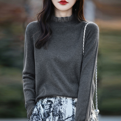 鄂尔多斯市薄款羊毛衫女2026春季新款长袖针织衫短款蕾丝打底毛衣